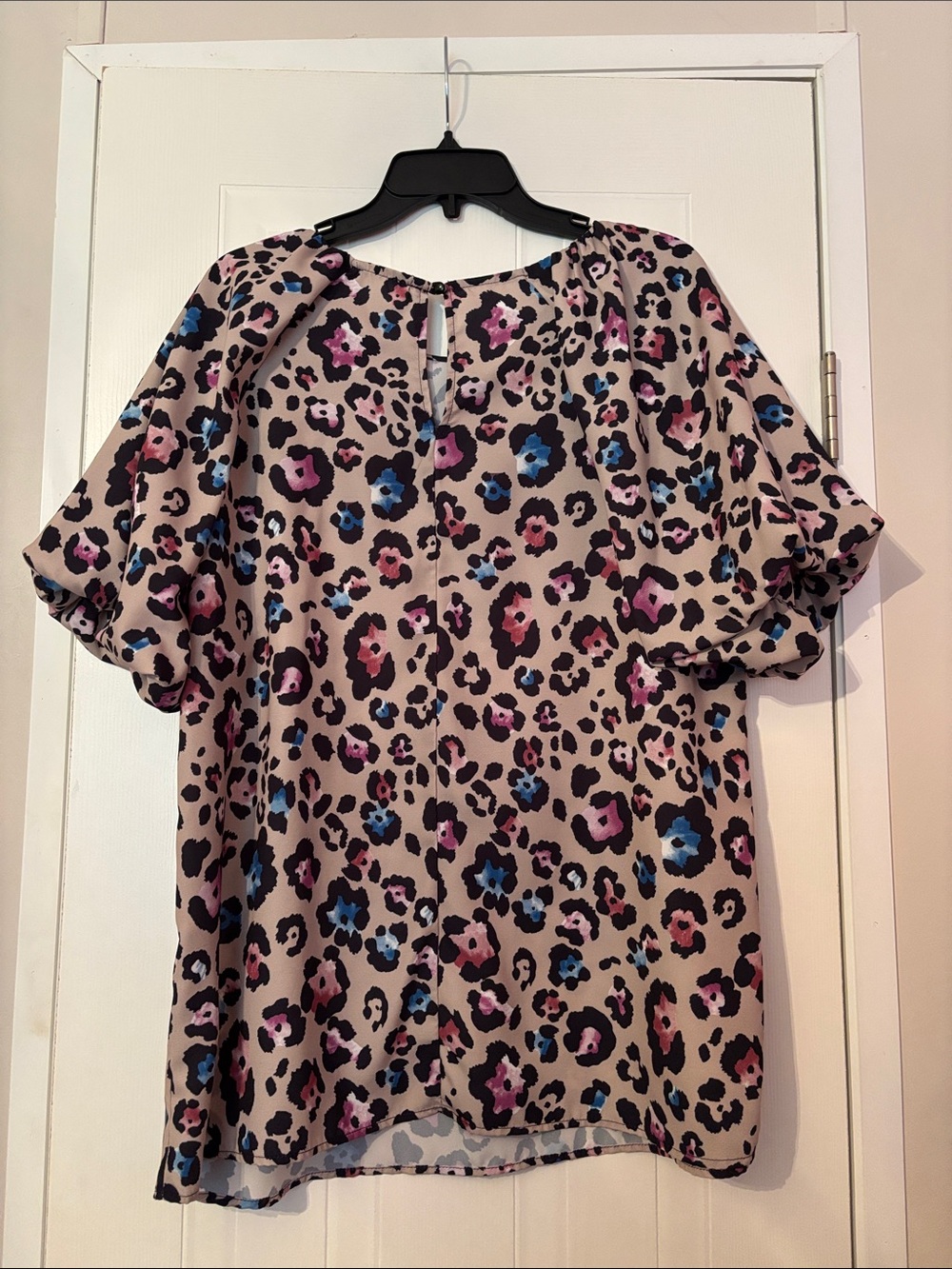 First Love Beige Leopard Print Puff Sleeve Blouse with Pink & Blue Accents - Picture 2 of 2